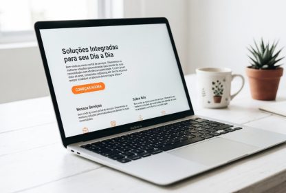 landing page para empresas exibida em notebook com botão de chamada para ação e foco em conversão de leads
