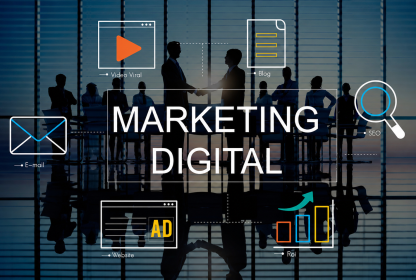 marketing digital para empresas com estratégias como SEO, redes sociais, anúncios e geração de leads representadas em ambiente corporativo