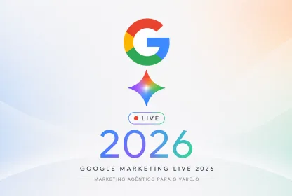 Google Marketing Live 2026 com símbolo do Google e Gemini representando marketing agêntico para o varejo