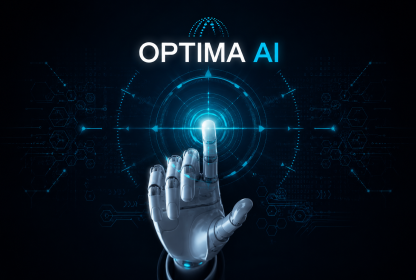 mão robótica interagindo com interface digital futurista representando a tecnologia da Optima AI para automação inteligente de vendas
