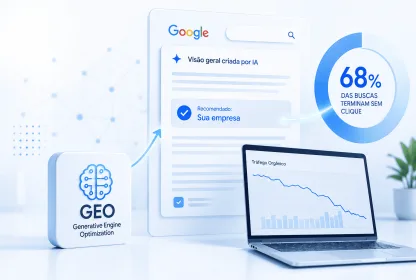 Ilustração sobre a era do zero-click mostrando interface de busca com IA, gráfico indicando que 68% das pesquisas terminam sem cliques, painel de GEO e notebook com análise de tráfego orgânico.
